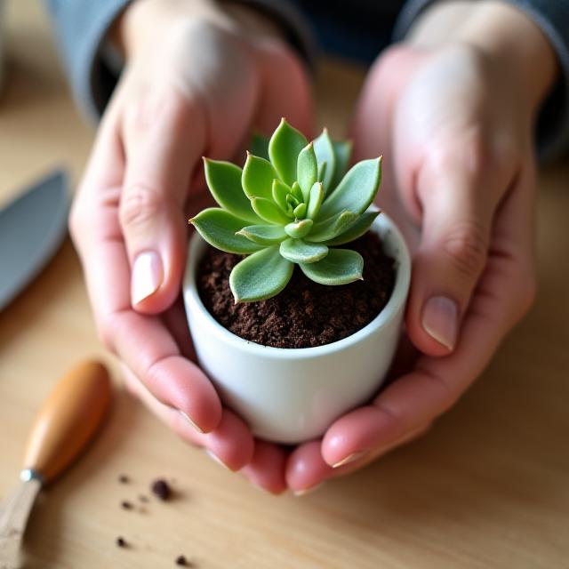 Hands carefully repotting a small succulent from a bouquet into a ceramic pot